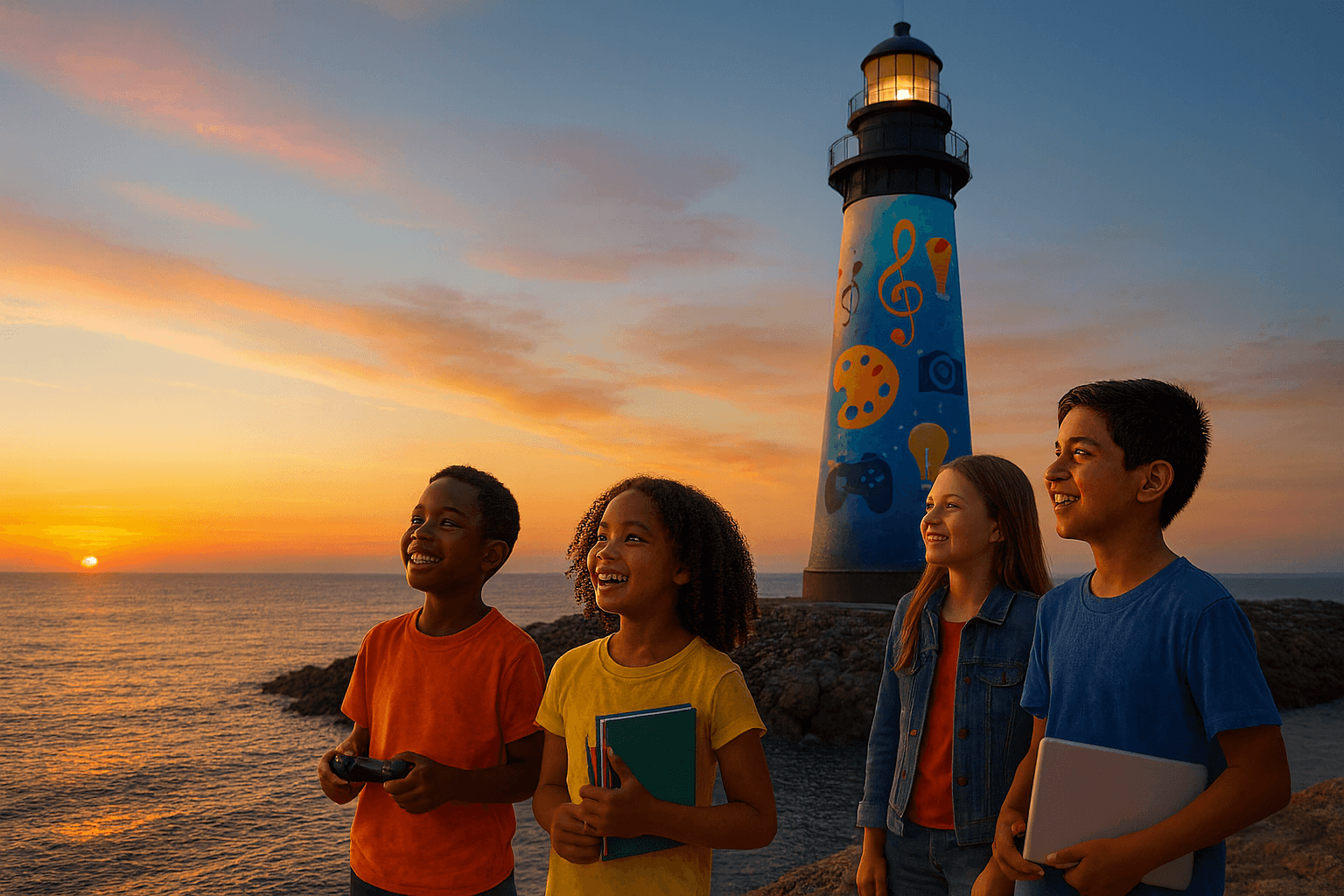 A lighthouse overlooking a calm bay at dusk, symbolizing guidance and hope.